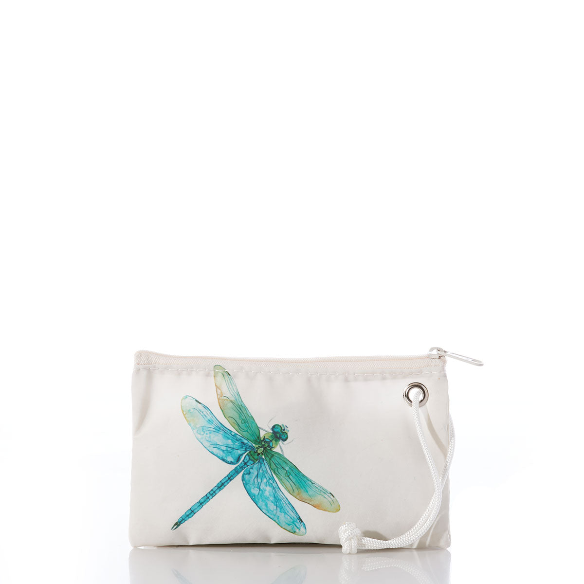 The Sea Bags Watercolor Dragonfly Wristlet is a white fabric pouch featuring a zipper closure, a convenient wrist strap, and an original blue-green dragonfly illustration by a local artist, shown against a white background. by Sea Bags