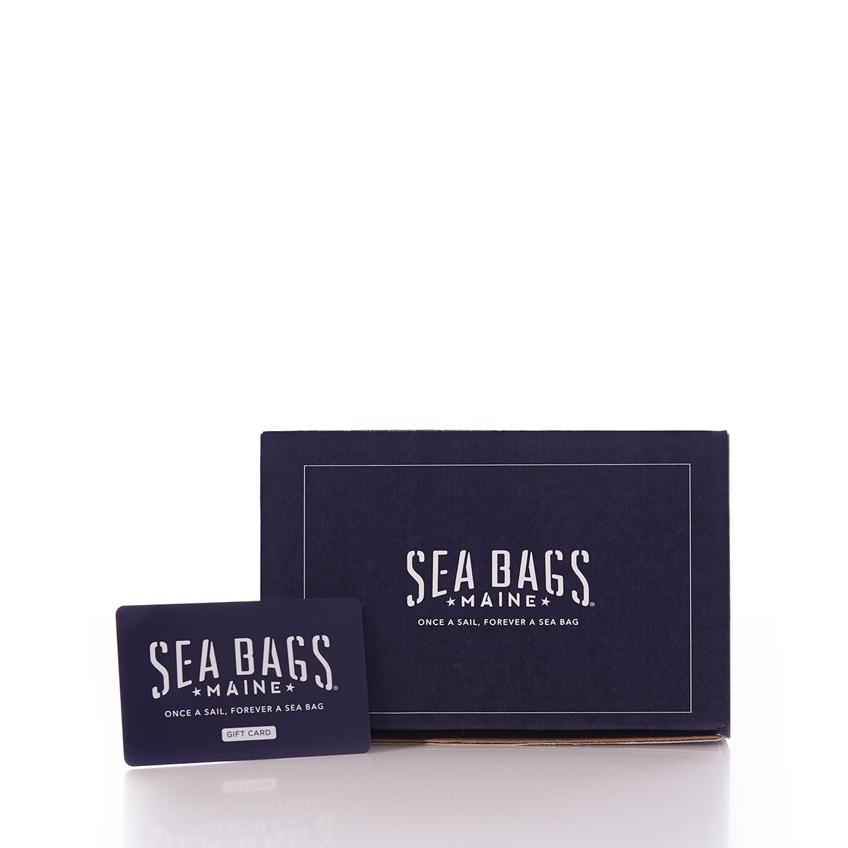 A Custom Sea Bags Gift Card from Sea Bags is showcased standing in front of a coordinating navy blue box, both featuring the Sea Bags Maine logo—making it the perfect Maine-inspired gift. by Sea Bags