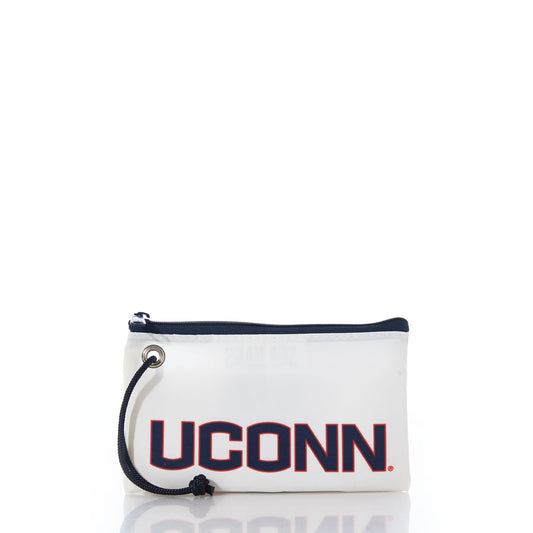 Show your school spirit with the UCONN Wristlet by Sea Bags—an eco-friendly zippered pouch featuring a black wrist strap and UCONN printed in bold blue and red on the front. Crafted from recycled sail cloth, this unique bag combines sustainability with university pride. by Sea Bags