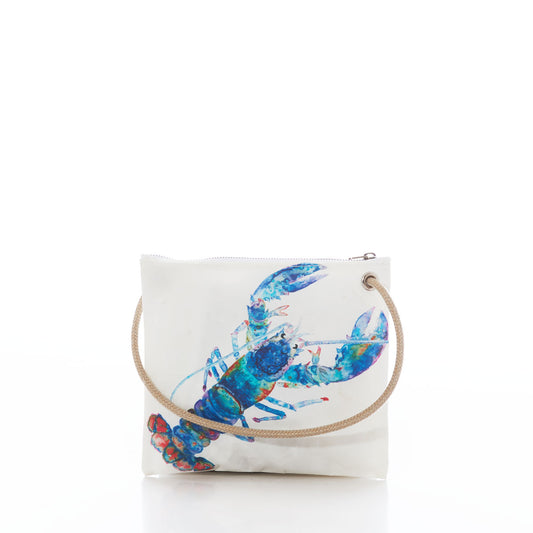 Introducing the Sea Bags Multicolor Lobster Slim Crossbody, featuring a vibrant blue and red lobster illustration on the front. This eco-friendly bag is crafted from recycled sail cloth and designed with a zippered closure and rope handle for added coastal charm. by Sea Bags