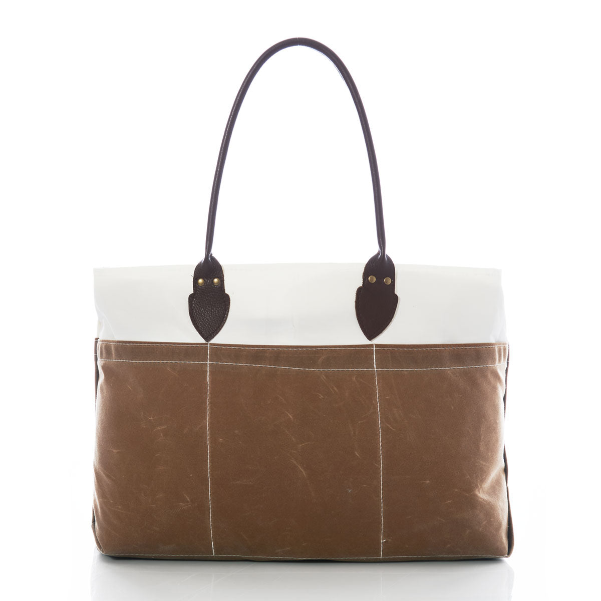 Sea Bags Tan Chebeague Large Travel Tote, crafted from recycled sail cloth in brown and white canvas with dark brown leather handles, photographed on a white background. by Sea Bags