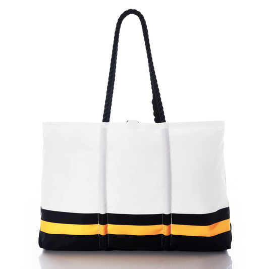 The Pittsburgh Steelers Tailgate Tote by Sea Bags is a large white tote bag made from recycled sail cloth, designed with black rope handles and a striking horizontal black and yellow stripe near the bottom—ideal for tailgating or showing off your Steelers pride. Shown photographed on a white background. by Sea Bags