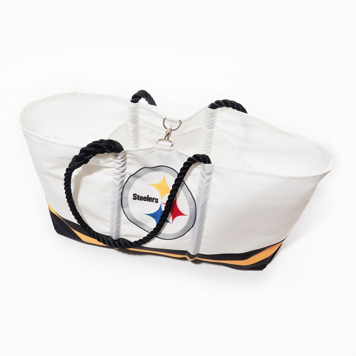 Introducing the Pittsburgh Steelers Tailgate Tote by Sea Bags—a white tote bag crafted from recycled sail cloth, making it an eco-friendly choice. It features sturdy black rope handles, a secure metal clasp inside, and proudly displays the Pittsburgh Steelers logo on the side—perfect for game day or everyday use. by Sea Bags