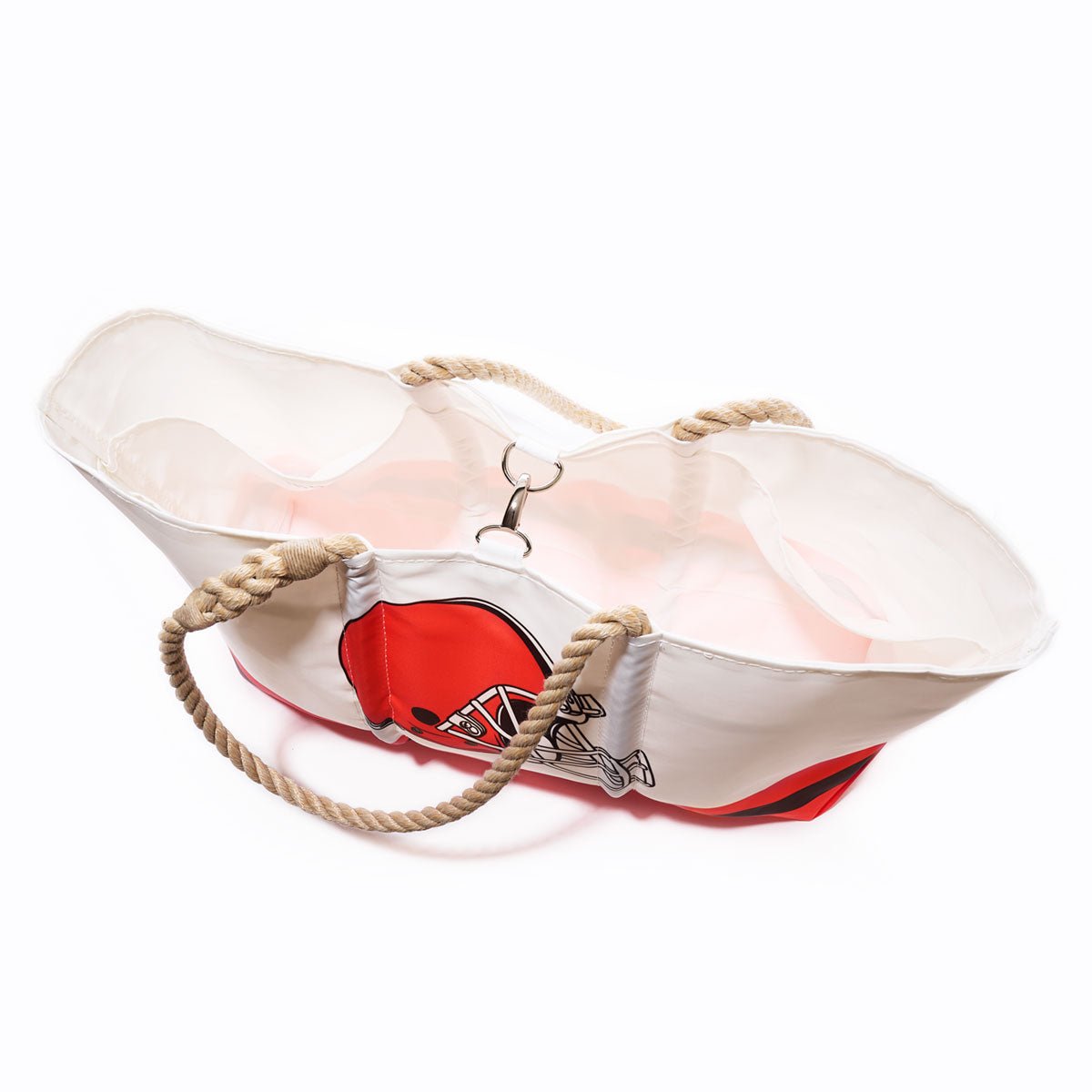 The Sea Bags Cleveland Browns Tailgate Tote is a white and red sail cloth tote with rope handles and a metal clasp, featuring a football helmet graphic on the side. by Sea Bags