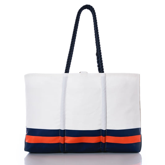 Sea Bags Denver Broncos Tailgate Tote crafted from white recycled sail cloth, featuring navy blue rope handles and bold navy blue and orange stripes near the bottom, displayed against a white background. by Sea Bags