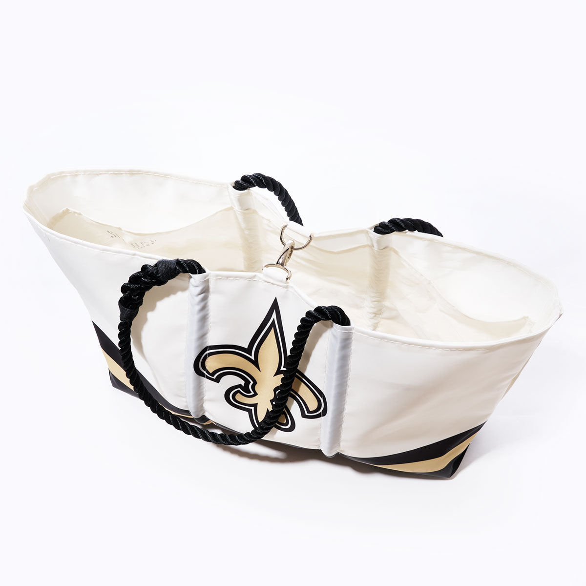 Show your team spirit with the New Orleans Saints Tailgate Tote from Sea Bags. This eco-friendly white tote bag is crafted from recycled sail cloth and features sturdy black rope handles along with a bold black and gold fleur-de-lis design on the front—perfect for any Saints fan. by Sea Bags