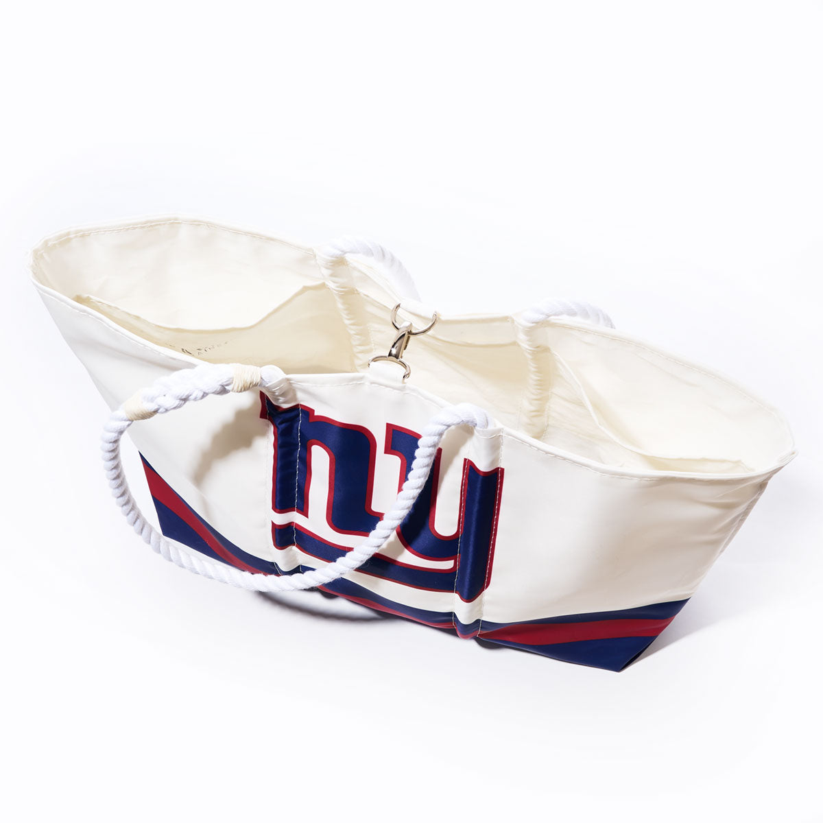 Sea Bags New York Giants Tailgate Tote made from white recycled sail cloth, featuring rope handles and a blue and red NY logo on the front, photographed against a white background. by Sea Bags