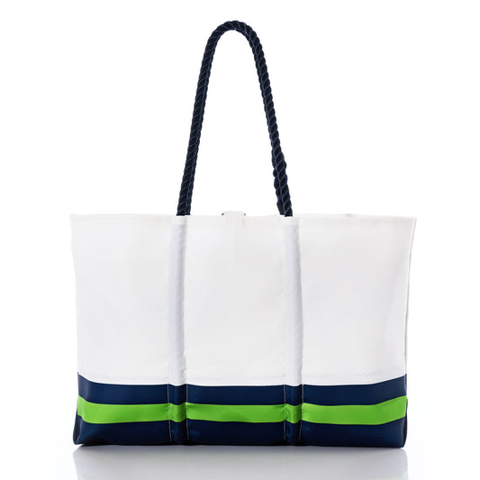 Sea Bags Seattle Seahawks Tailgate Tote, crafted from recycled sail cloth for enhanced durability, features navy blue rope handles and a navy blue and green stripe near the bottom. The tote is displayed on a white background. by Sea Bags