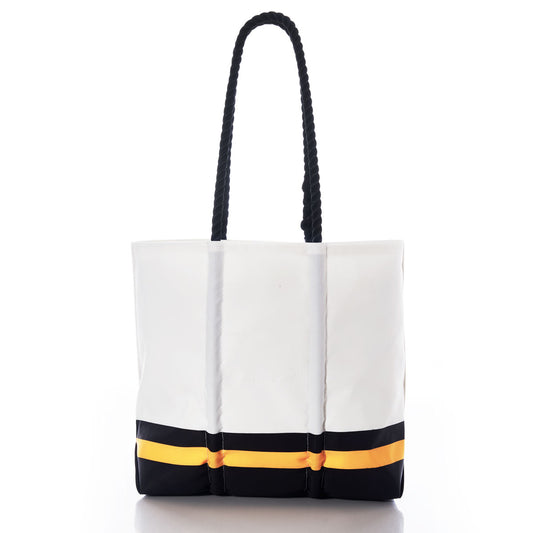 The Sea Bags Pittsburgh Steelers Medium Tote is a white, recycled sail cloth bag with black rope handles and a distinctive black and yellow horizontal stripe near the bottom, echoing Steelers style while offering an eco-friendly, durable choice. Photographed on a white background. by Sea Bags