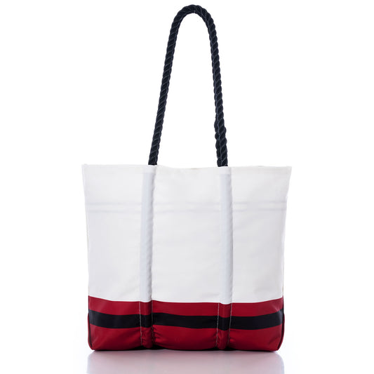 The Sea Bags Atlanta Falcons Medium Tote is crafted from recycled sail cloth and features black rope handles, along with two horizontal red and black stripes near the bottom. Photographed on a white background, this eco-friendly NFL accessory blends sporty style with sustainability—an ideal choice for any Falcons fan. by Sea Bags