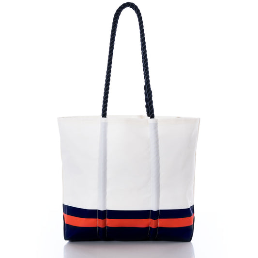 The Sea Bags Chicago Bears Medium Tote, crafted from recycled sail cloth and inspired by the classic Chicago Bears tote style, features two black rope handles and navy and orange horizontal stripes near the bottom; it is photographed on a white background. by Sea Bags