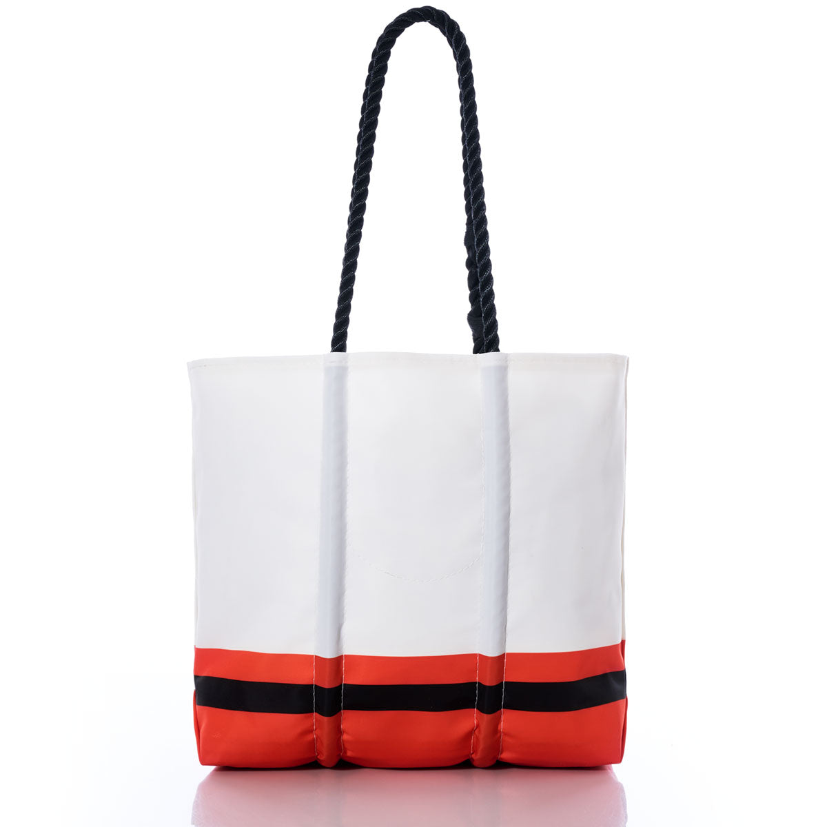 Cincinnati Bengals Medium Tote by Sea Bags, featuring black rope handles and crafted from recycled sail cloth, with two horizontal red and black stripes near the base, displayed on a white background. by Sea Bags