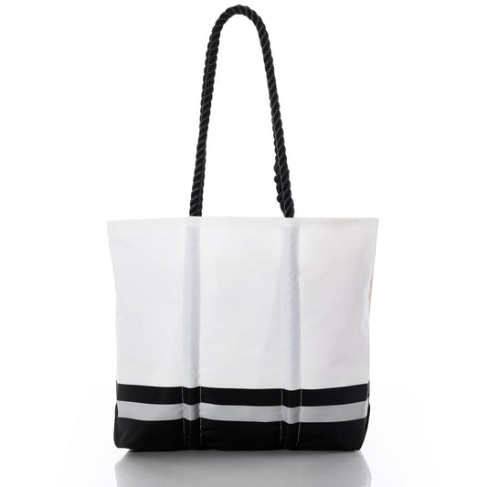Las Vegas Raiders Medium Tote by Sea Bags, crafted from recycled sail cloth with a black base, two horizontal black stripes, and sturdy black rope handles, displayed on a white background. by Sea Bags