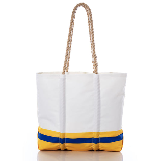 Sea Bags Los Angeles Rams Medium Tote, expertly crafted from recycled sail cloth, features tan rope handles and a yellow base with a blue stripe, and is photographed on a plain white background. by Sea Bags