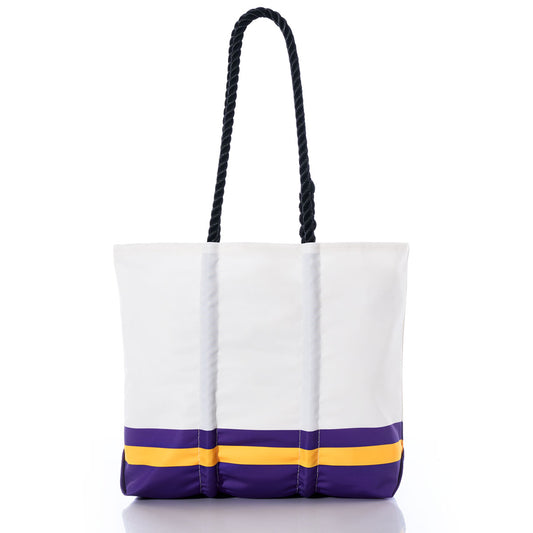 The Minnesota Vikings Medium Tote by Sea Bags is a durable white recycled sail cloth bag with two black rope handles and purple and yellow horizontal stripes near the bottom—a perfect accessory for Vikings fans. by Sea Bags