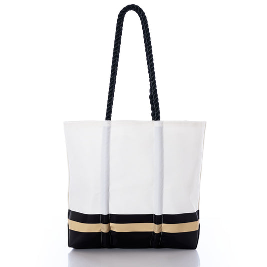 New Orleans Saints Medium Tote by Sea Bags, featuring black rope handles and black and beige horizontal stripes near the bottom, crafted from recycled sail cloth and displayed on a white background. by Sea Bags