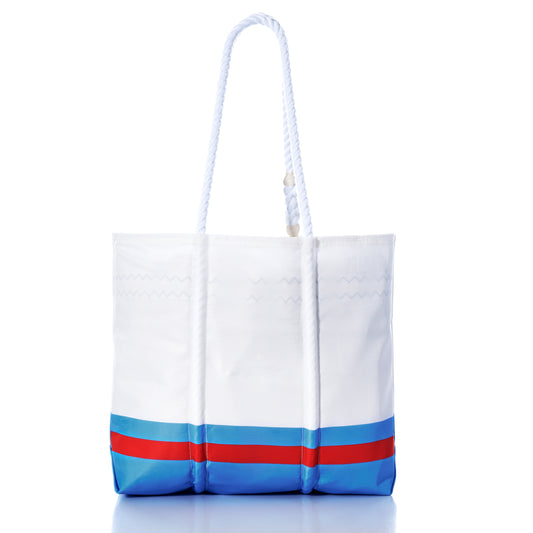 Sea Bags Tennessee Titans Medium Tote featuring two blue horizontal stripes at the bottom and two dark rope handles, crafted from recycled sail cloth for durability, displayed on a plain white background. by Sea Bags