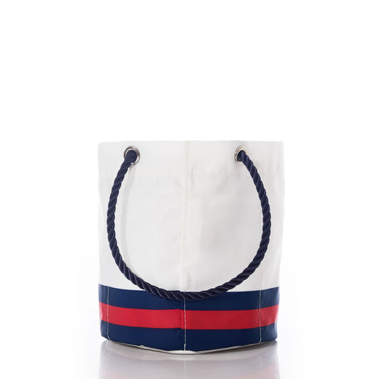 The Sea Bags New England Patriots Beverage Bucket features blue rope handles and a striking blue and red stripe near the base; standing upright on a white background, its the perfect sustainable cooler or stylish beverage bucket for your next gathering. by Sea Bags