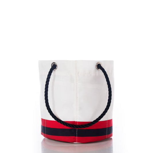 Sea Bags Kansas City Chiefs Beverage Bucket, featuring durable black rope handles and a bold red and navy stripe near the bottom, is displayed on a white background—perfect for carrying your essentials to a Chiefs game or serving as a stylish, sustainable cooler. by Sea Bags