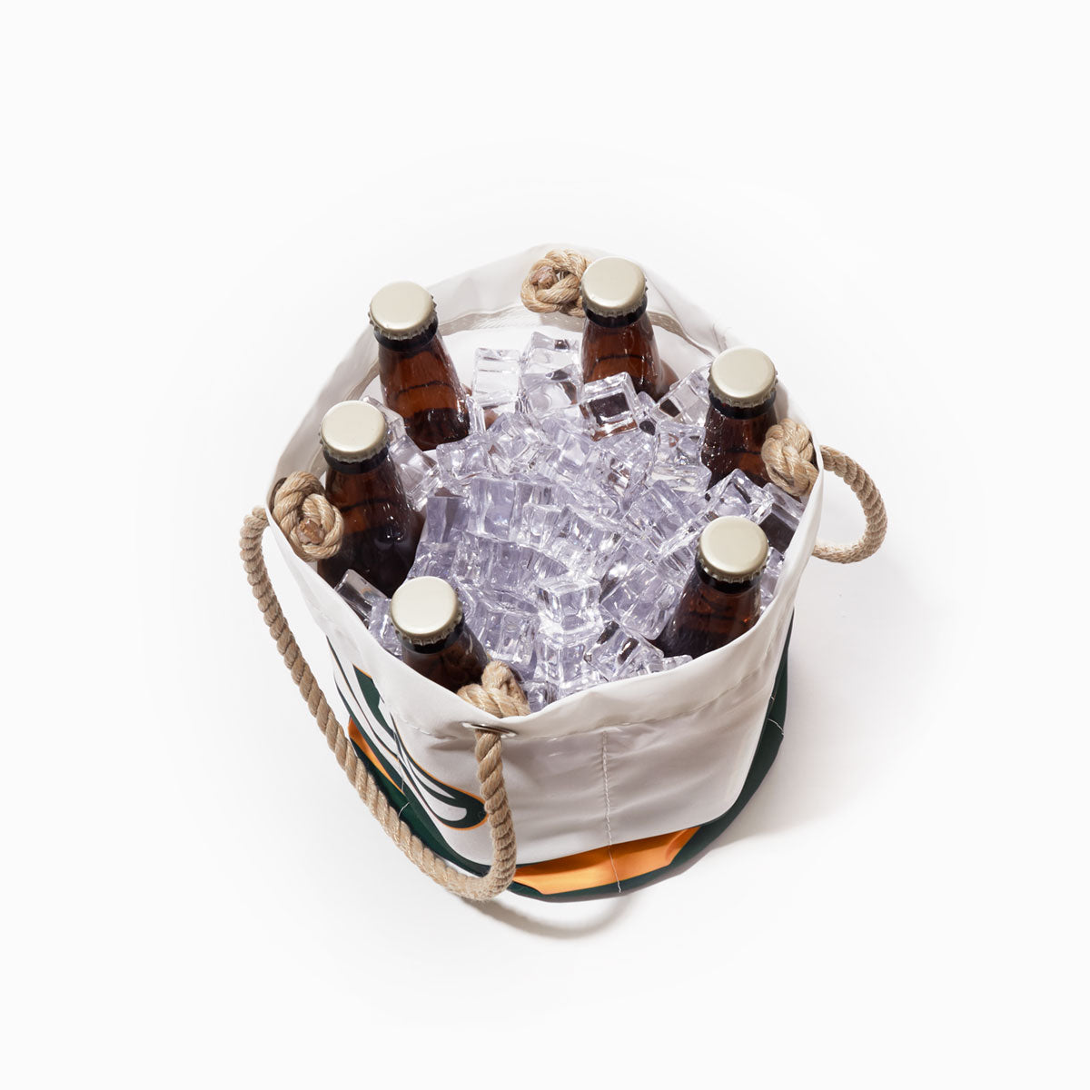 The Sea Bags Green Bay Packers Beverage Bucket features rope handles and holds six brown glass bottles with ice cubes, viewed from above on a white background—a stylish and sustainable cooler for any gathering. by Sea Bags