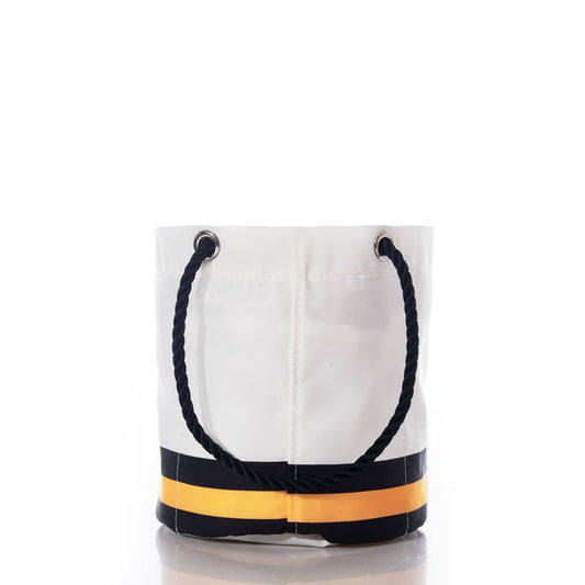 The Pittsburgh Steelers Beverage Bucket by Sea Bags features white fabric with black rope handles and a striking yellow and black stripe near the bottom, displayed against a white background. This versatile bucket doubles as a sustainable cooler, making it perfect for keeping drinks chilled in style. by Sea Bags