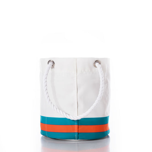 Sea Bags Miami Dolphins Beverage Bucket features teal and orange horizontal stripes near the base and sturdy rope handles, reminiscent of a classic Dolphins design, displayed against a plain white background. by Sea Bags