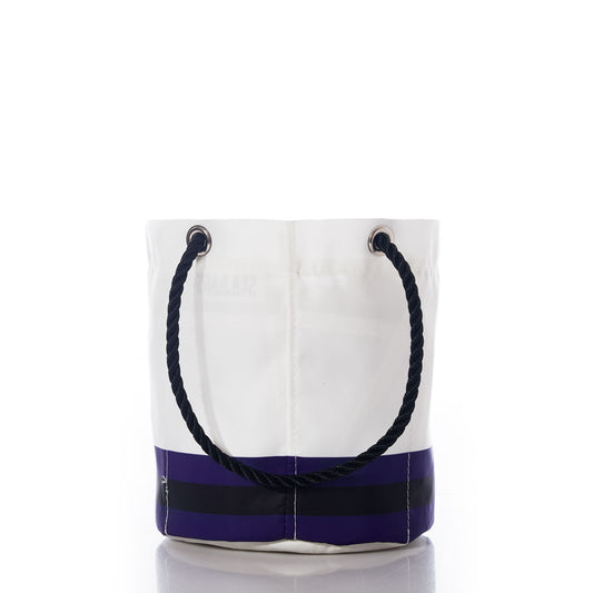 The Baltimore Ravens Beverage Bucket by Sea Bags features black rope handles and a navy-blue and black striped bottom, displayed on a white background—perfect as a sustainable cooler or stylish beverage bucket for any outing. by Sea Bags