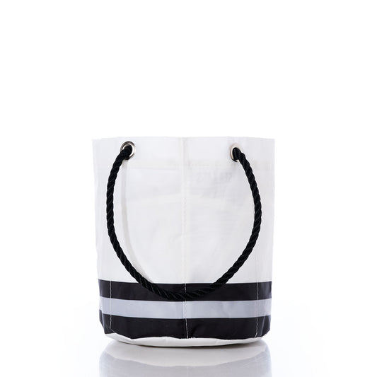 A stylish white Las Vegas Raiders Beverage Bucket by Sea Bags, featuring two black rope handles and two black horizontal stripes near the bottom, reminiscent of a classic NFL logo bag, displayed on a plain white background. by Sea Bags