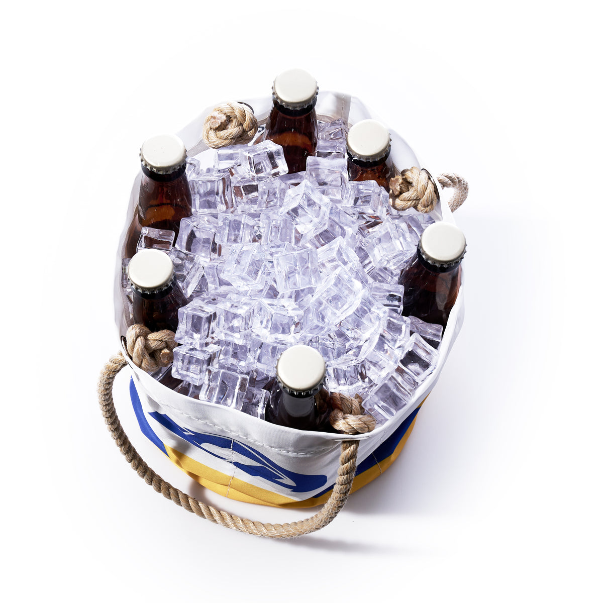 The Los Angeles Rams Beverage Bucket from Sea Bags, crafted from durable sail cloth with rope handles, is shown filled with ice and six brown glass bottles on a white background—an eco-friendly cooler ideal for sustainable, Rams-inspired gatherings. by Sea Bags