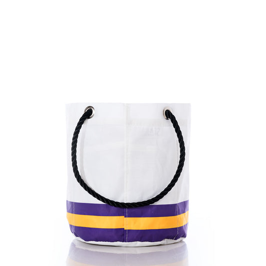 The Sea Bags Minnesota Vikings Beverage Bucket, featuring black rope handles and yellow and purple stripes at the bottom, is shown on a white background. by Sea Bags