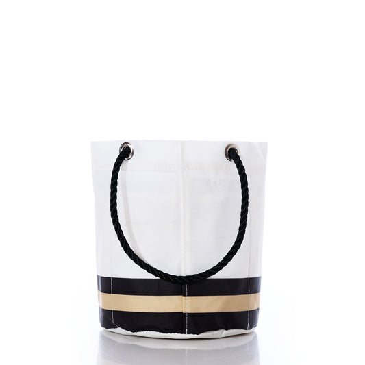 Carry your favorite beverages in style with the Sea Bags New Orleans Saints Beverage Bucket, featuring a white design accented by black and tan horizontal stripes near the base and finished with sturdy black rope handles attached by metal grommets—perfect as a chic Saints bag or a sustainable cooler for any occasion. by Sea Bags