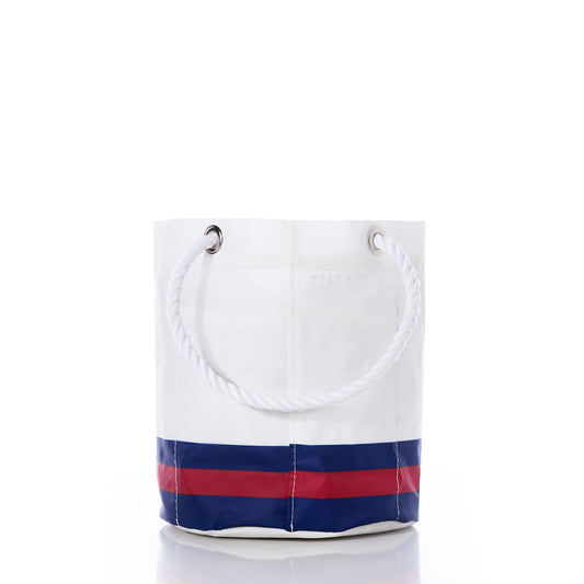 Sea Bags New York Giants Beverage Bucket is crafted from durable sail cloth and features metal grommets, a white rope handle, and red and blue stripes near the base—styled as a modern beverage bucket and displayed against a crisp white background. by Sea Bags