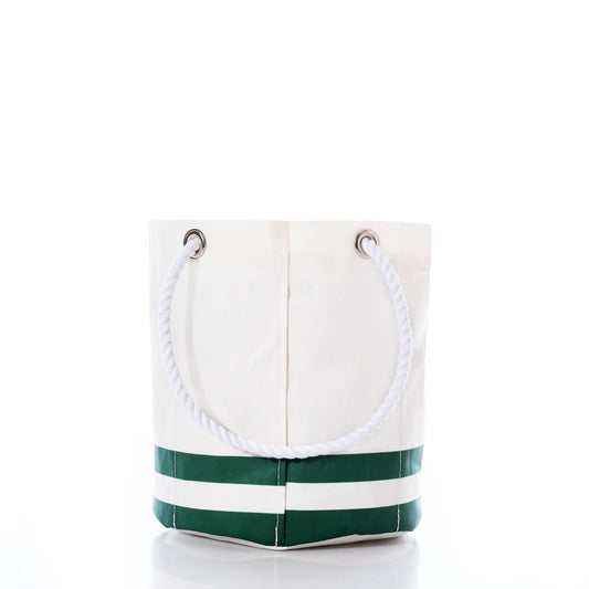 Sea Bags New York Jets Beverage Bucket, featuring green and white stripes at the base, sturdy white rope handles with metal grommets, and a cooler-inspired sustainable design, shown against a plain white background. by Sea Bags