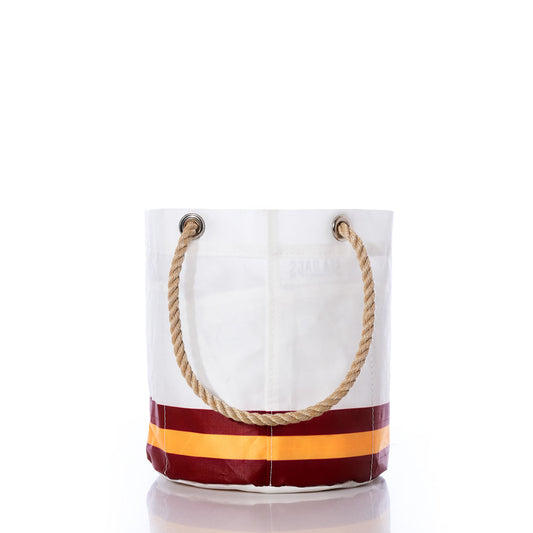 The Sea Bags Washington Commanders Beverage Bucket showcases sporty style and everyday functionality, with a white body accented by brown and yellow stripes at the base, two rope handles threaded through metal grommets, and set against a clean white background. by Sea Bags