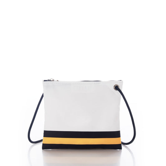 The Sea Bags Pittsburgh Steelers Slim Crossbody is a small white zippered pouch with a black strap, crafted from recycled sail cloth and featuring horizontal black and yellow stripes near the base for a distinct Steelers look, shown on a white background. by Sea Bags