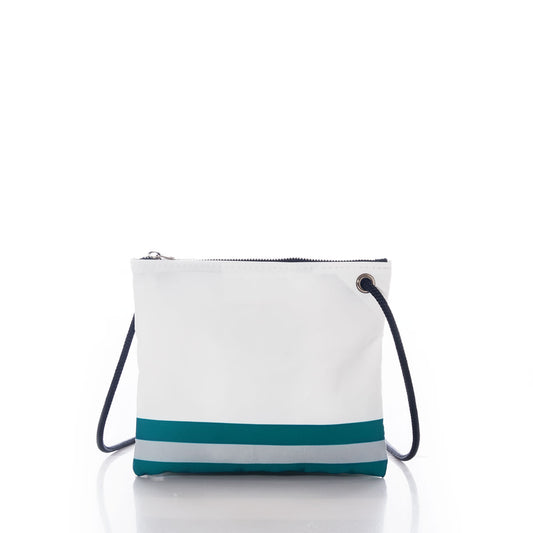 The Philadelphia Eagles Slim Crossbody by Sea Bags, crafted from recycled sail cloth and featuring a black strap with horizontal teal and light blue stripes near the bottom, makes an ideal sustainable gift for Philly fans—shown here on a white background. by Sea Bags