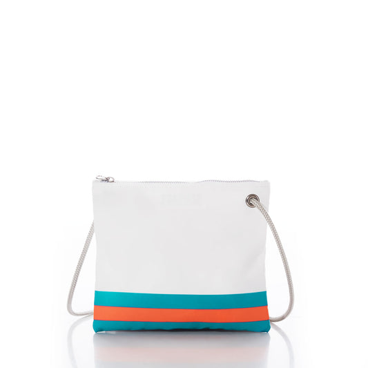 Introducing the Miami Dolphins Slim Crossbody by Sea Bags—a chic and sustainable small white crossbody bag crafted from recycled sail cloth. It features a zip closure, silver grommets, and two horizontal teal and orange stripes near the bottom for a stylish nod to Dolphins fandom. by Sea Bags