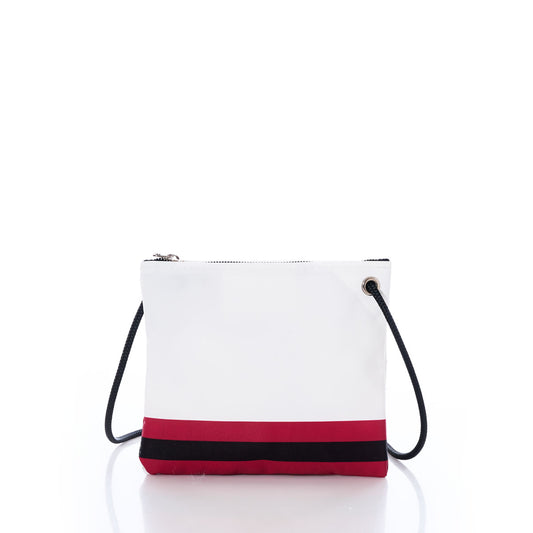 The Sea Bags Arizona Cardinals Slim Crossbody is a sustainable white crossbody bag featuring a black strap, silver zipper, and bold red and black horizontal stripes near the bottom, photographed on a white background. Crafted from eco-friendly materials, this versatile bag blends classic style with everyday practicality. by Sea Bags