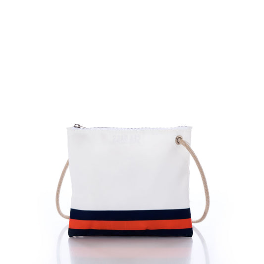 Chicago Bears Slim Crossbody by Sea Bags: This white zippered pouch, made from recycled sail cloth, features a rope shoulder strap and a navy and orange stripe near the bottom—a subtle nod to the classic Chicago Bears bag. Shown against a white background. by Sea Bags