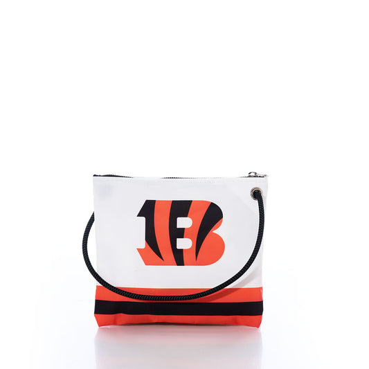 Introducing the Sea Bags Cincinnati Bengals Slim Crossbody: a striking white and orange zippered bag with a black rope handle, skillfully crafted from recycled sail cloth. This fan-favorite features a bold stylized B logo with tiger stripes and two horizontal stripes near the bottom—perfect for showcasing your Bengals spirit. by Sea Bags