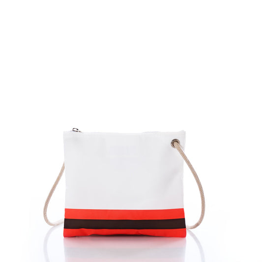 The Cleveland Browns Slim Crossbody by Sea Bags is a small white zippered sail cloth bag with a rope shoulder strap, accented by a red and black stripe near the bottom. Perfect for showing off your team spirit in sustainable style, this gameday essential is displayed on a white background. by Sea Bags