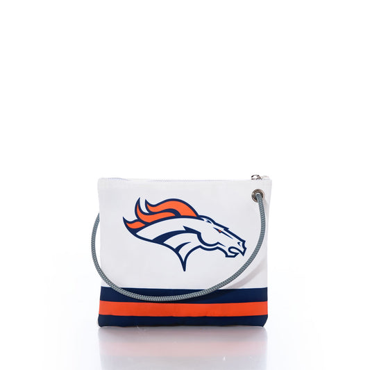 The Denver Broncos Slim Crossbody by Sea Bags is a white zippered pouch featuring the Broncos logo, accented with orange and navy stripes at the bottom and a gray rope handle. Crafted from recycled sail cloth for durability and eco-friendliness, this stylish bag is perfect for devoted Denver Broncos fans. by Sea Bags