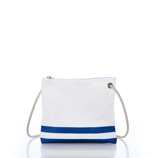 Indianapolis Colts Slim Crossbody by Sea Bags, crafted from recycled sail cloth, features two blue horizontal stripes near the bottom, a white cord strap, and is displayed on a white background. by Sea Bags