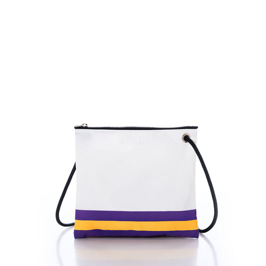 Sea Bags Minnesota Vikings Slim Crossbody, a compact white bag made from recycled sail cloth, features a black strap and distinctive purple and yellow stripes near the bottom—an understated tribute to the team—shown against a plain white background. by Sea Bags