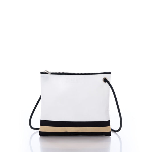 The Sea Bags New Orleans Saints Slim Crossbody is a small white crossbody bag crafted from recycled sail cloth, featuring a black and beige stripe near the bottom, black trim, a black strap, and a silver zipper. by Sea Bags