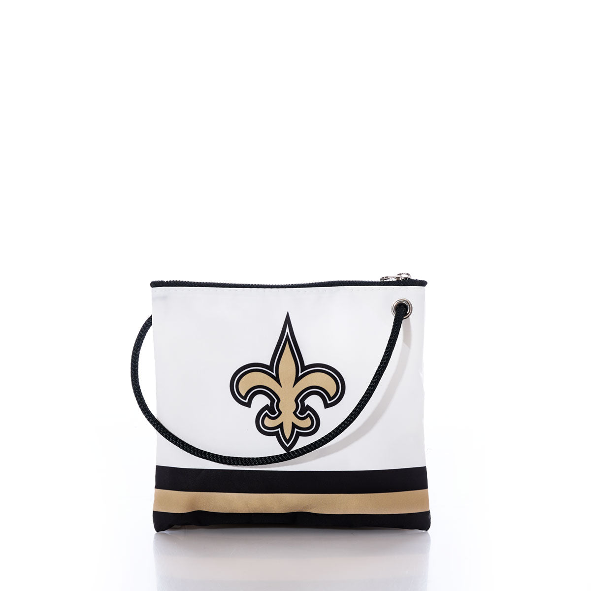Introducing the New Orleans Saints Slim Crossbody by Sea Bags—a unique and stylish accessory crafted from recycled sail cloth. This eco-friendly white bag features a striking black and gold fleur-de-lis emblem on the front, reminiscent of classic Saints style, along with a black rope shoulder strap and bold black and gold stripes at the bottom. by Sea Bags