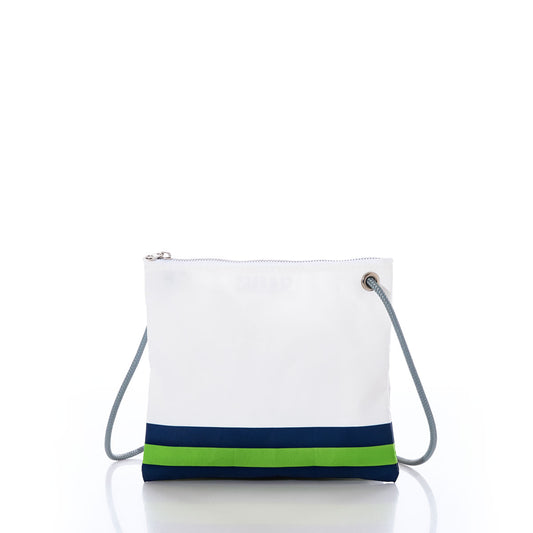 The Seattle Seahawks Slim Crossbody from Sea Bags is a white zippered shoulder bag made from recycled sail cloth, featuring a blue and green horizontal stripe near the bottom, a gray strap, silver grommet, and the official NFL logo on a white background—an essential accessory for any Seahawks fan. by Sea Bags
