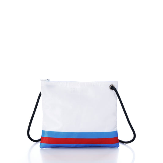 Show off your Titans NFL pride sustainably with the Sea Bags Tennessee Titans Slim Crossbody. Crafted from recycled sail cloth for a unique touch, this white crossbody bag features bold blue stripes and the official Tennessee Titans logo. It boasts a black and red rope strap and zippered closure, combining eco-friendly style with practical design. by Sea Bags