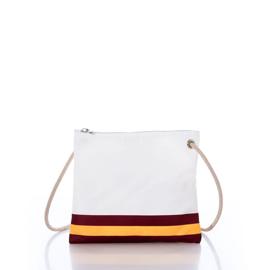 The Washington Commanders Slim Crossbody by Sea Bags is crafted from recycled sail cloth and showcases a white zippered pouch with a rope strap, accented by a maroon and yellow stripe near the bottom. Displayed against a white background, this bag offers both style and sustainability for devoted NFL fans. by Sea Bags