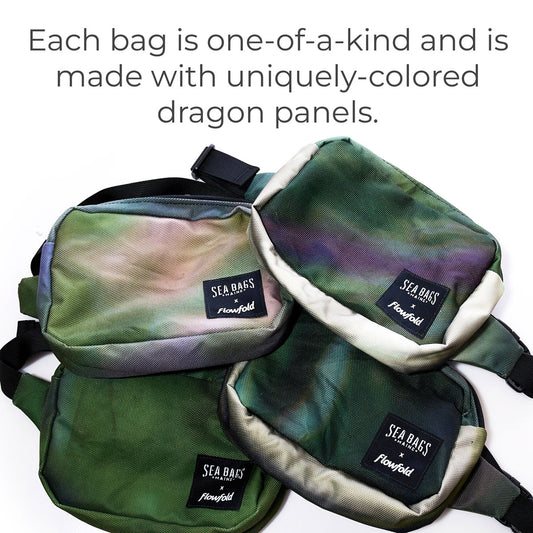 Four Dragon Skin Belt Bags by Sea Bags, featuring green and multicolored panels, are arranged on a white surface—each displaying Sea Bags branding and highlighting their sustainably crafted design. by Sea Bags
